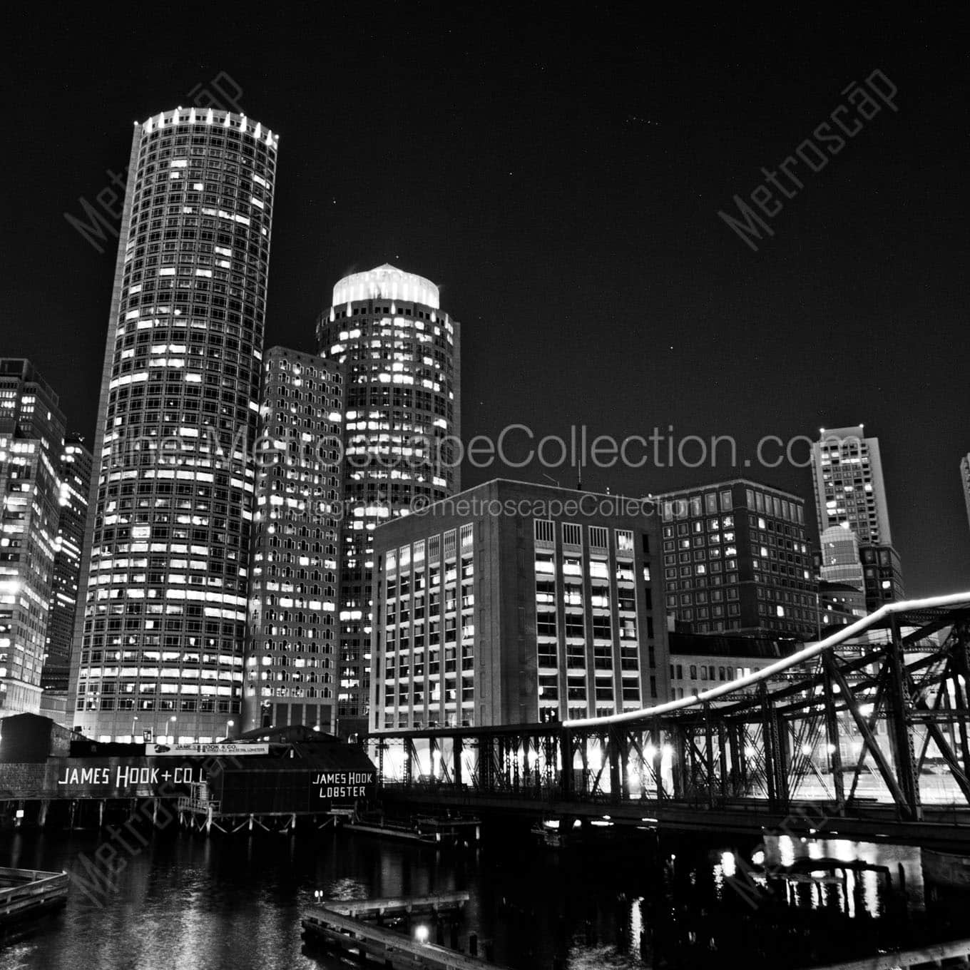 downtown boston skyline at night Black & White Wall Art