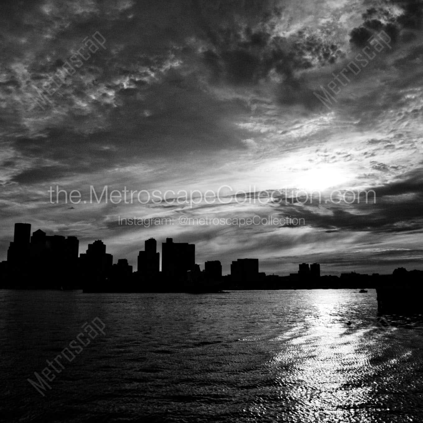 sunset behind boston skyline Black & White Wall Art
