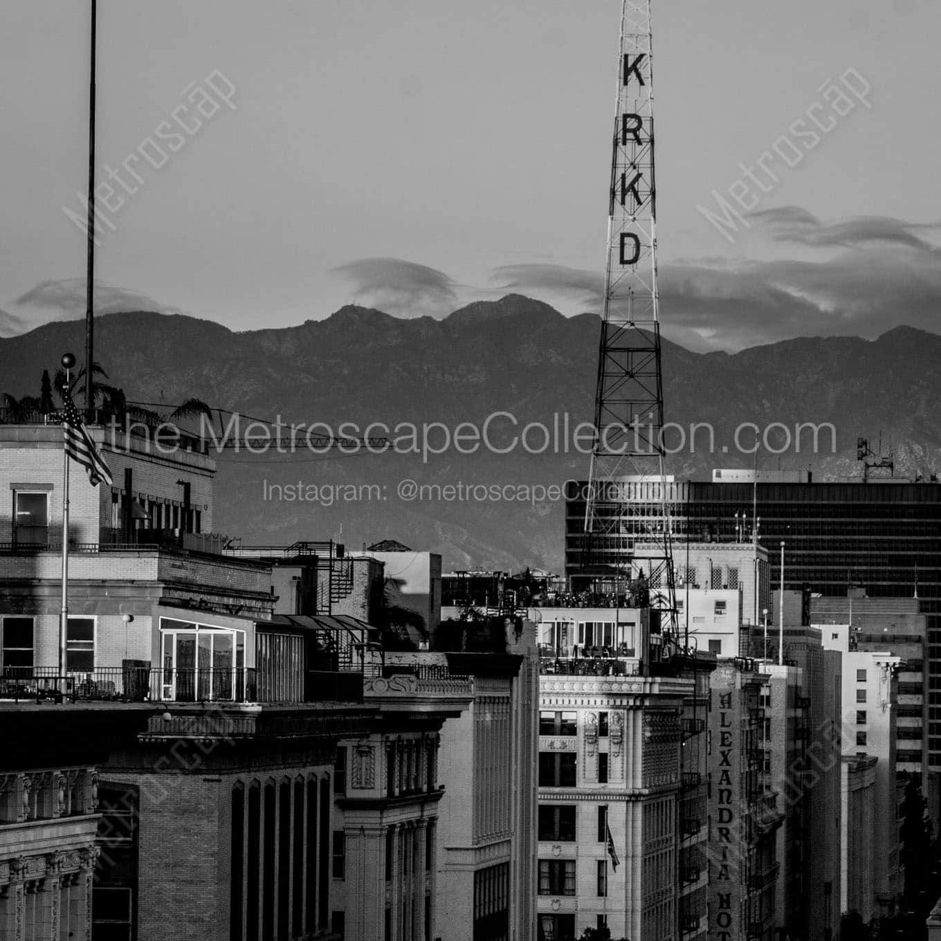 krkd tower downtown los angeles san gabriel mountains Black & White Wall Art