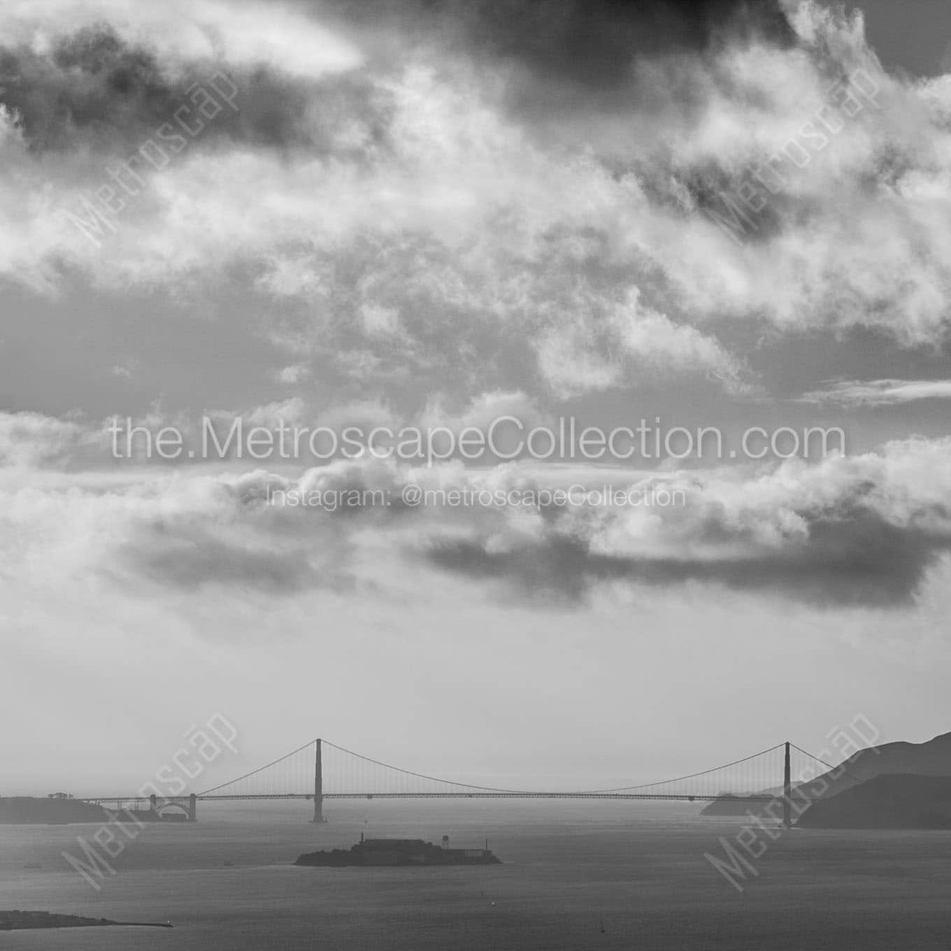 alcatraz and golden gate bridge mist and clouds Black & White Wall Art