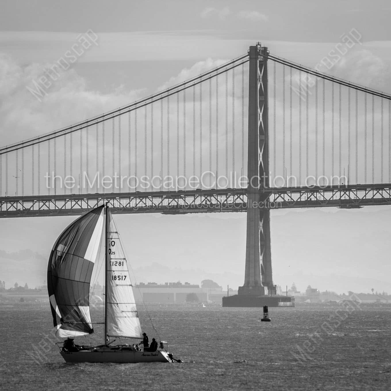bay bridge and full sail boat Black & White Wall Art