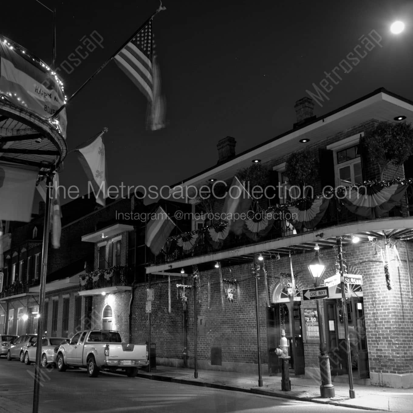 bourbon street french quarter at night Black & White Wall Art
