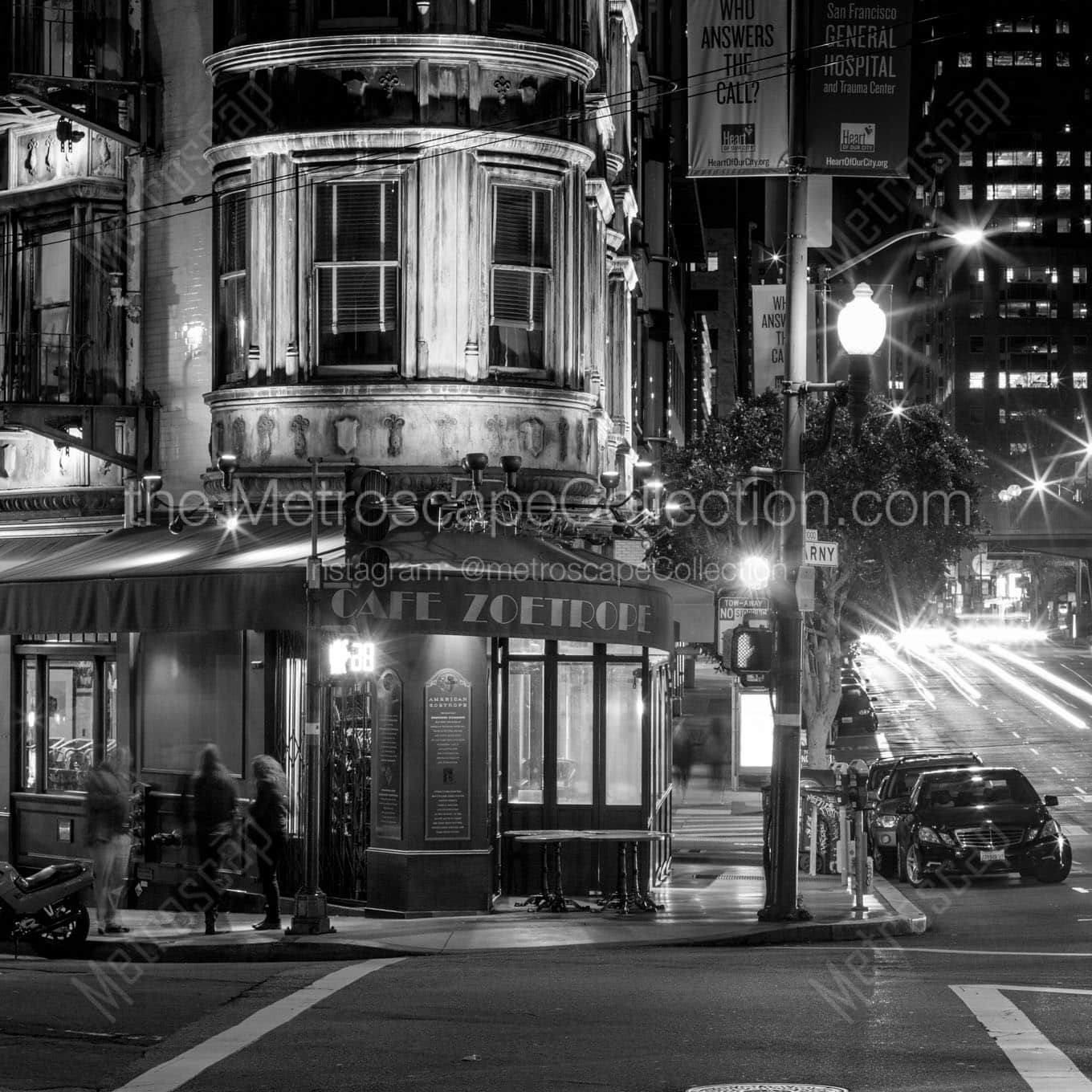 cafe zoetrope at night francis ford coppola Black & White Wall Art