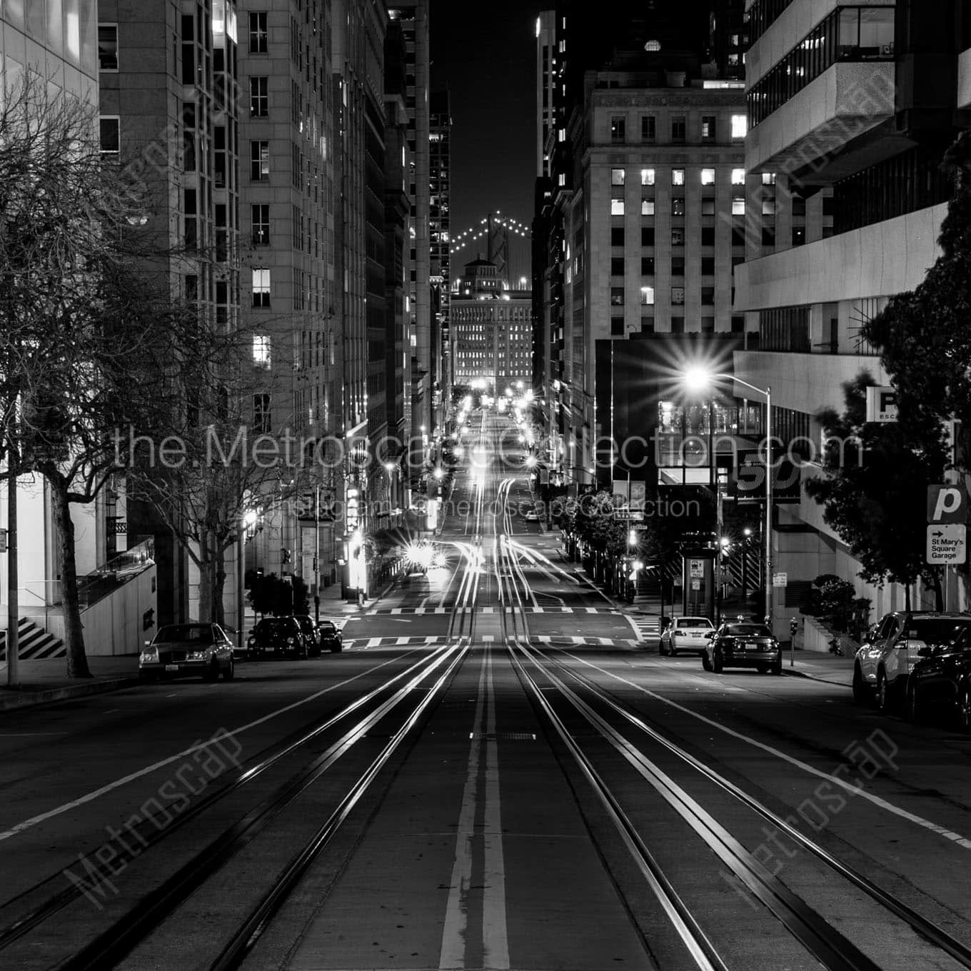 california street at night bay bridge Black & White Wall Art