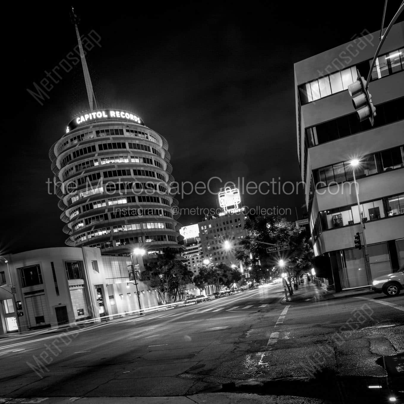 capitol records tower at night Black & White Wall Art
