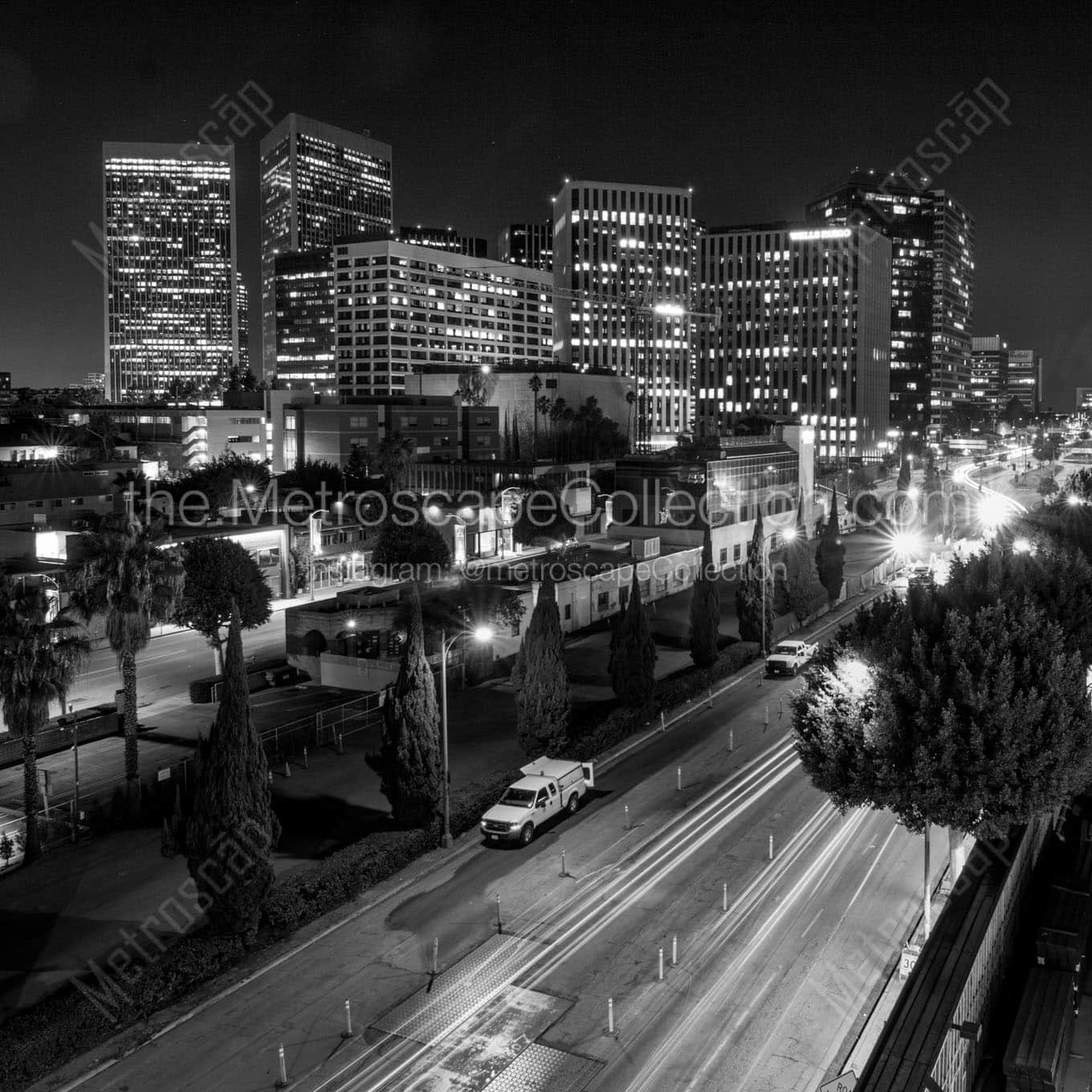 century city skyline at night beverly hilton Black & White Wall Art