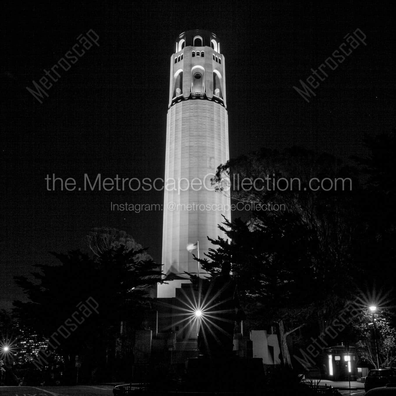 coit tower at night Black & White Wall Art