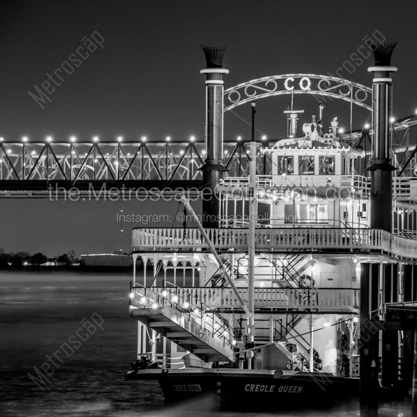 creole queen riverboat at night Black & White Wall Art