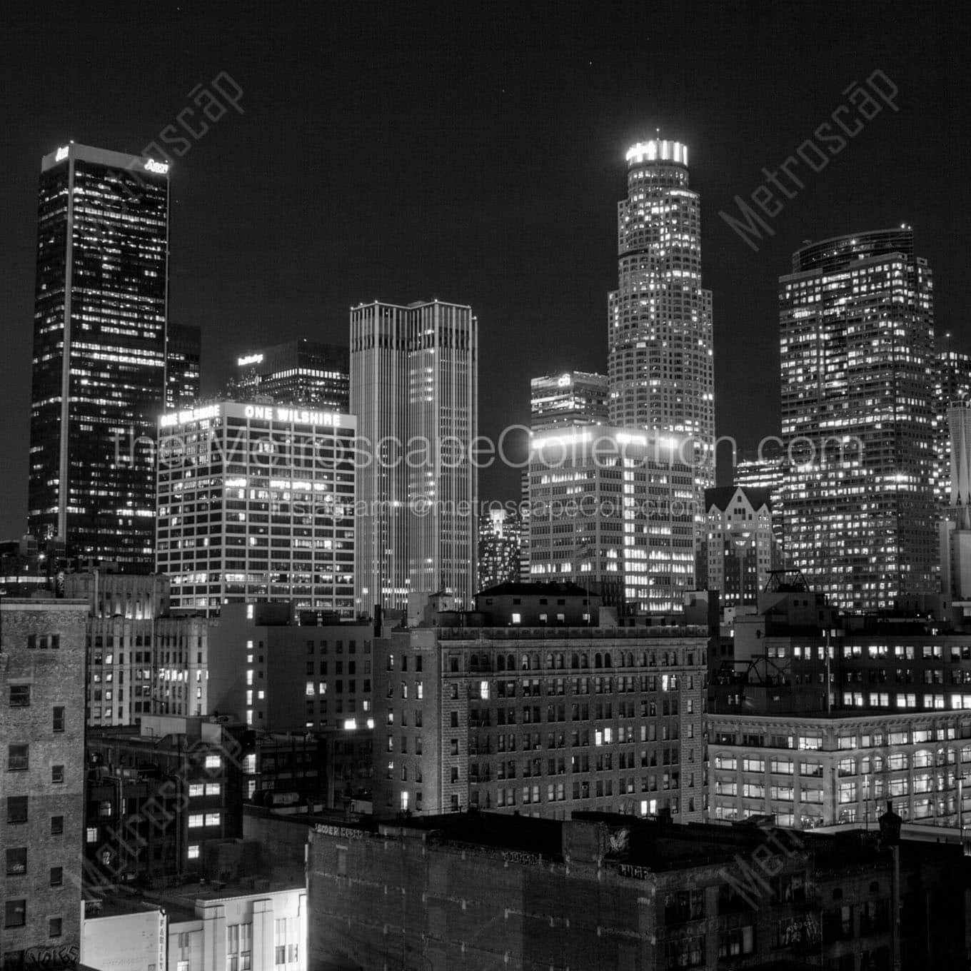 downtown la city skyline at night Black & White Wall Art