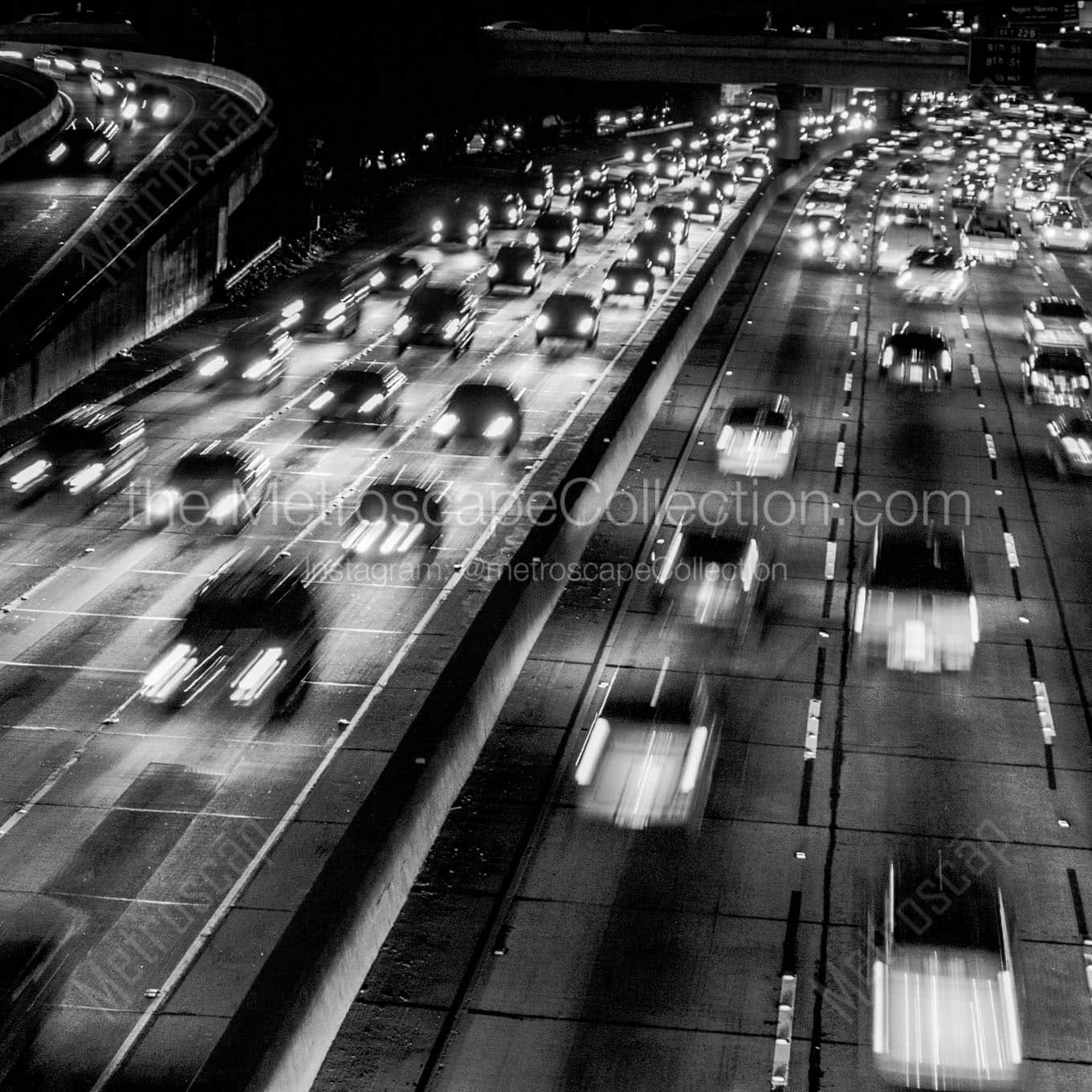downtown los angeles traffic at night Black & White Wall Art