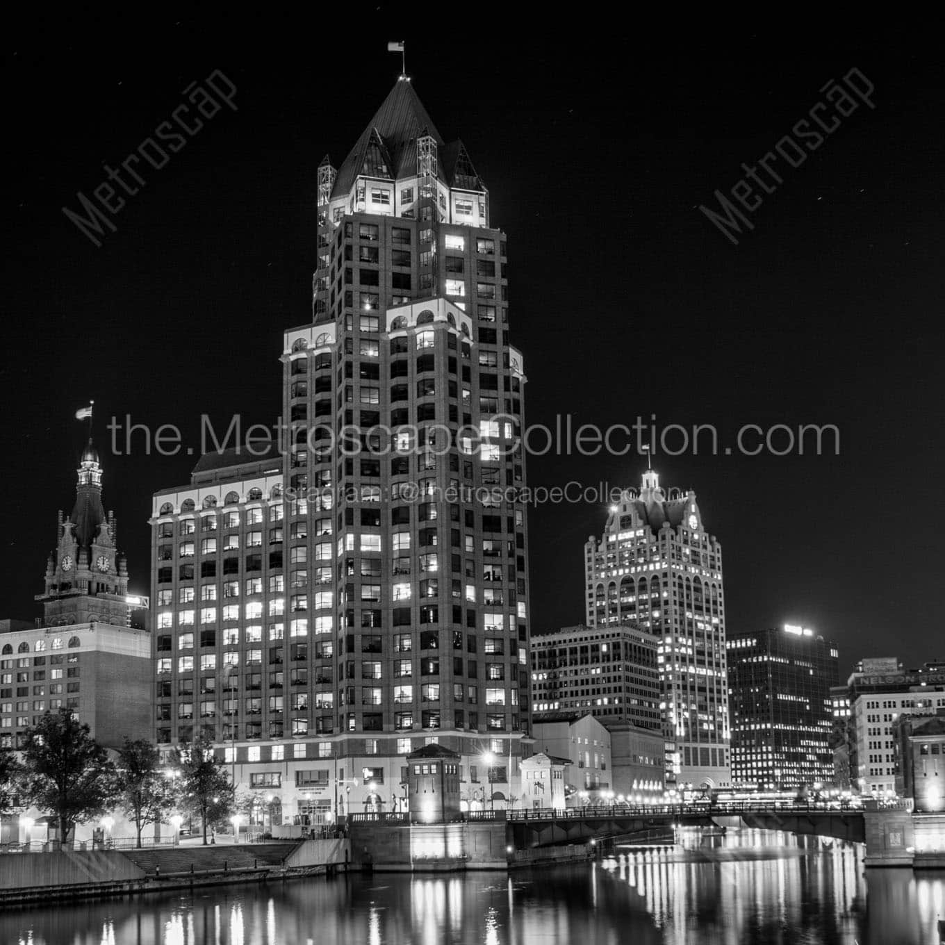 downtown milwaukee at night Black & White Wall Art