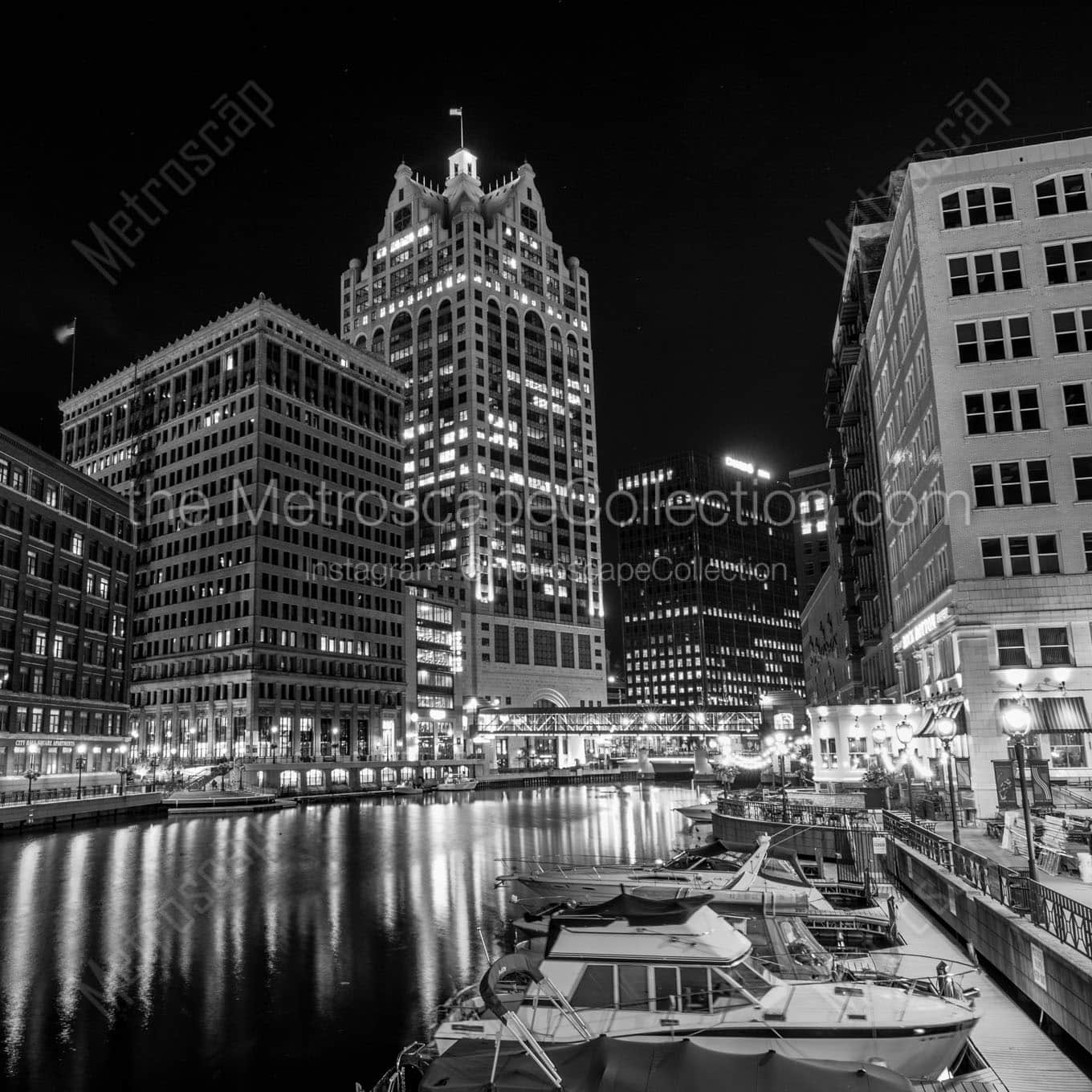 downtown milwaukee at night from wells street Black & White Wall Art