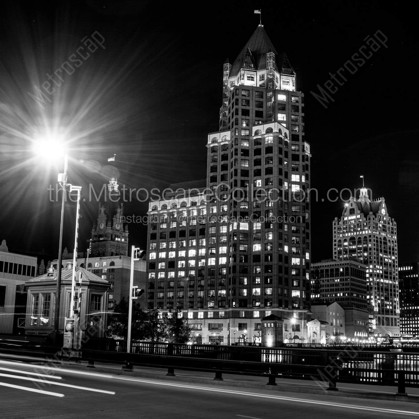 downtown milwaukee skyline and riverwalk Black & White Wall Art