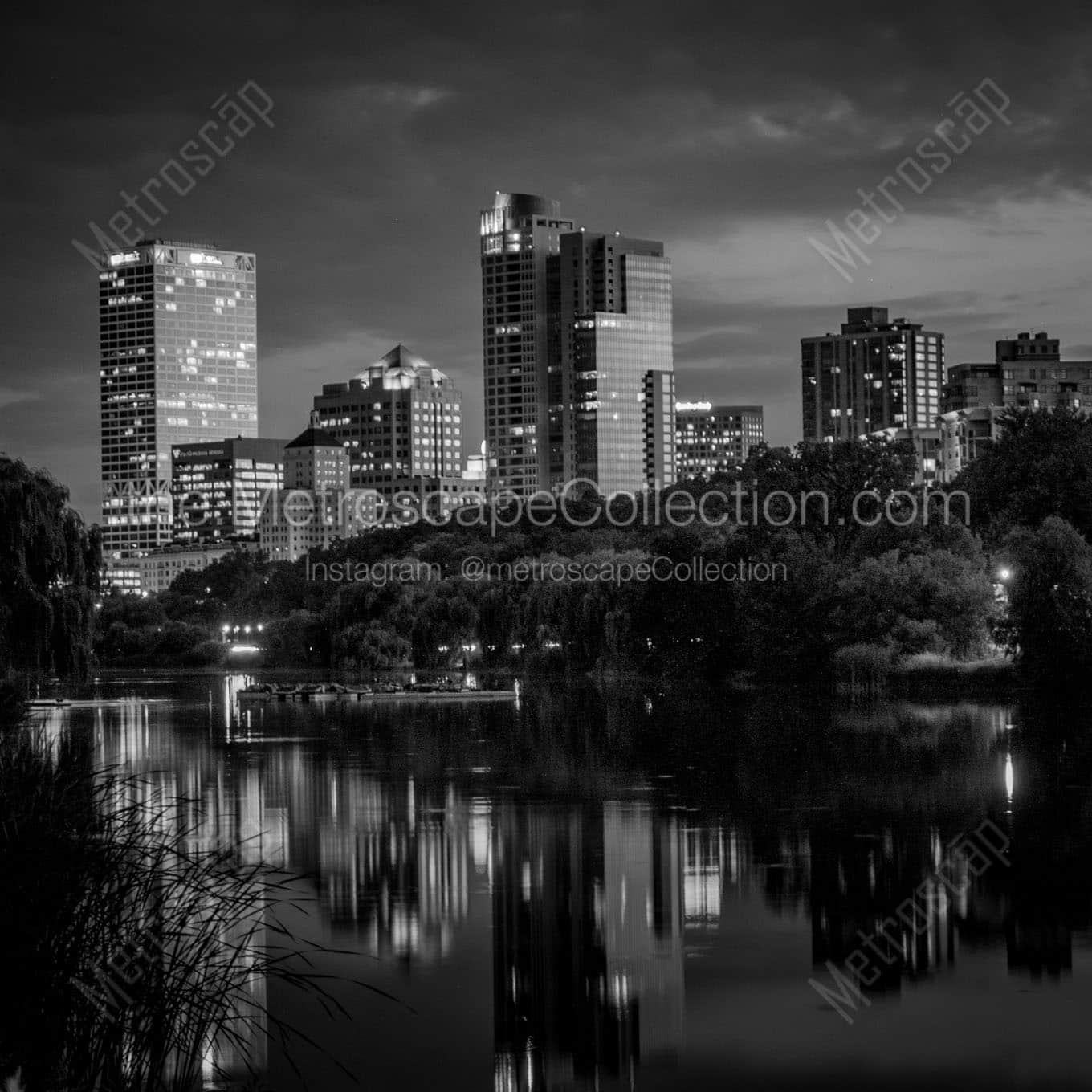 downtown milwaukee skyline at night Black & White Wall Art