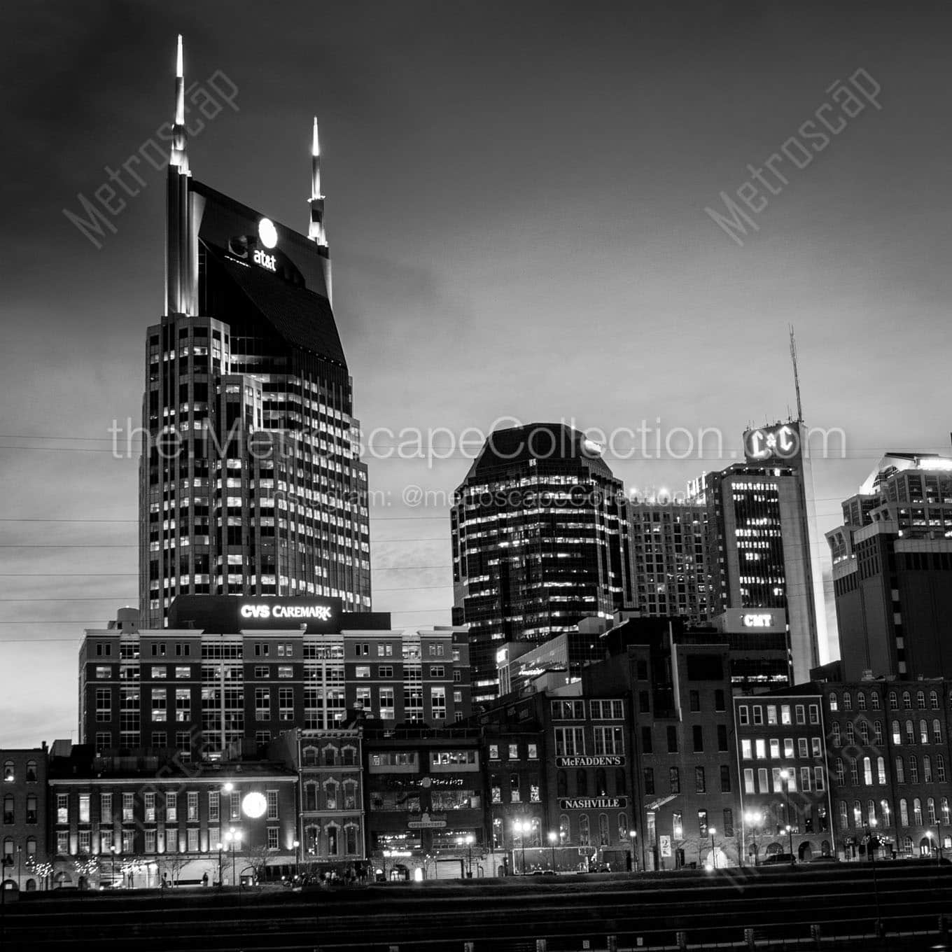 downtown nashville skyline at night Black & White Wall Art