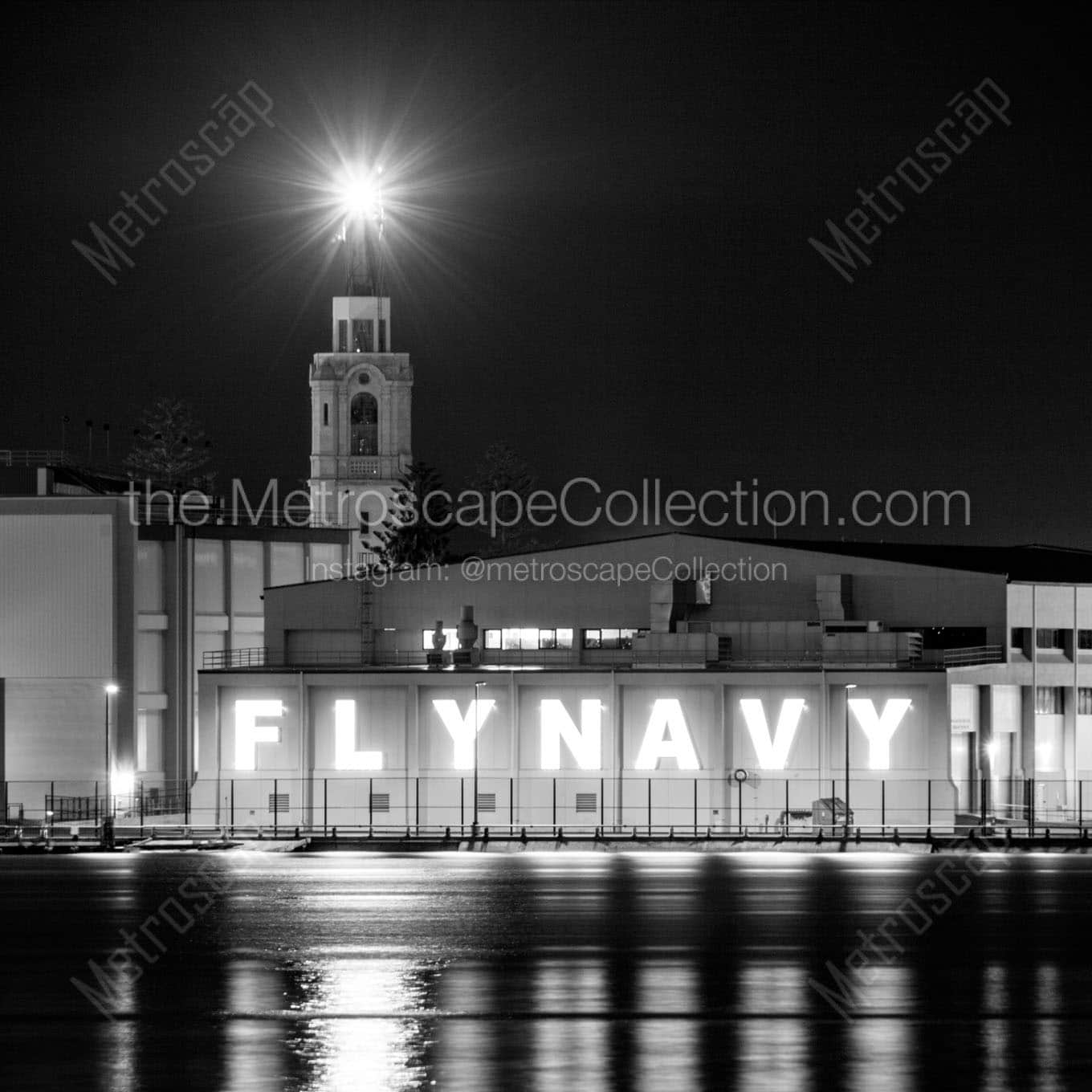 fly navy sign san diego harbor at night Black & White Wall Art
