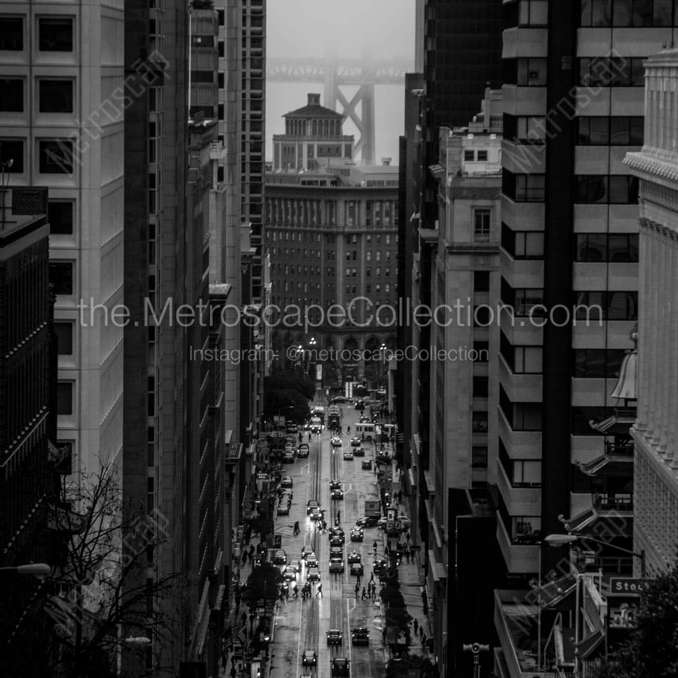 foggy rainy california street bay bridge Black & White Wall Art