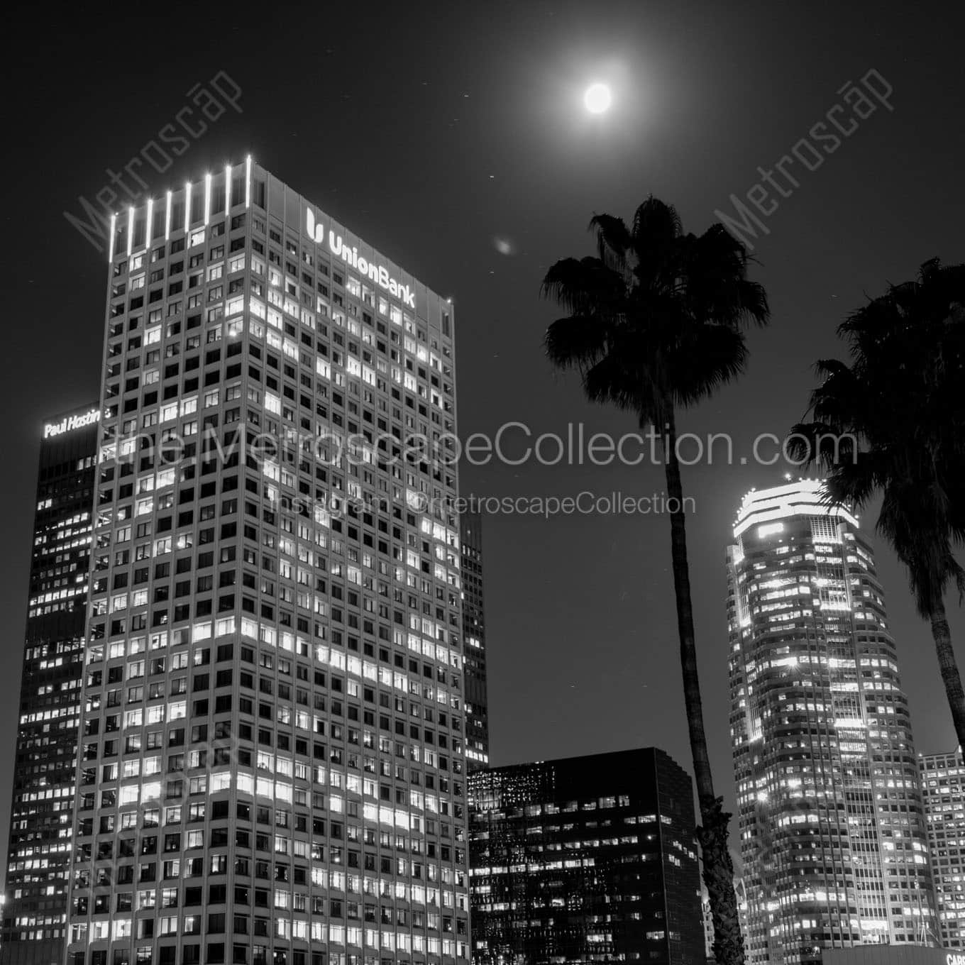 full moon over downtown los angeles Black & White Wall Art