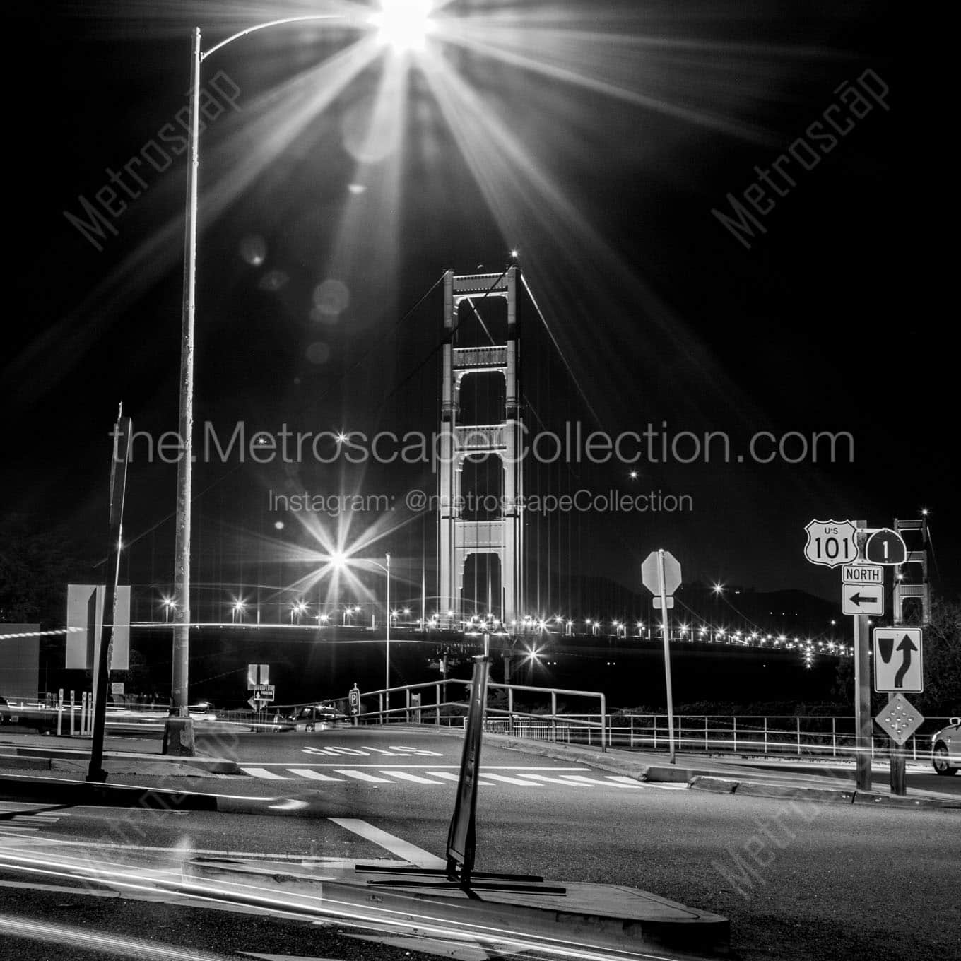 golden gate bridge at night Black & White Wall Art