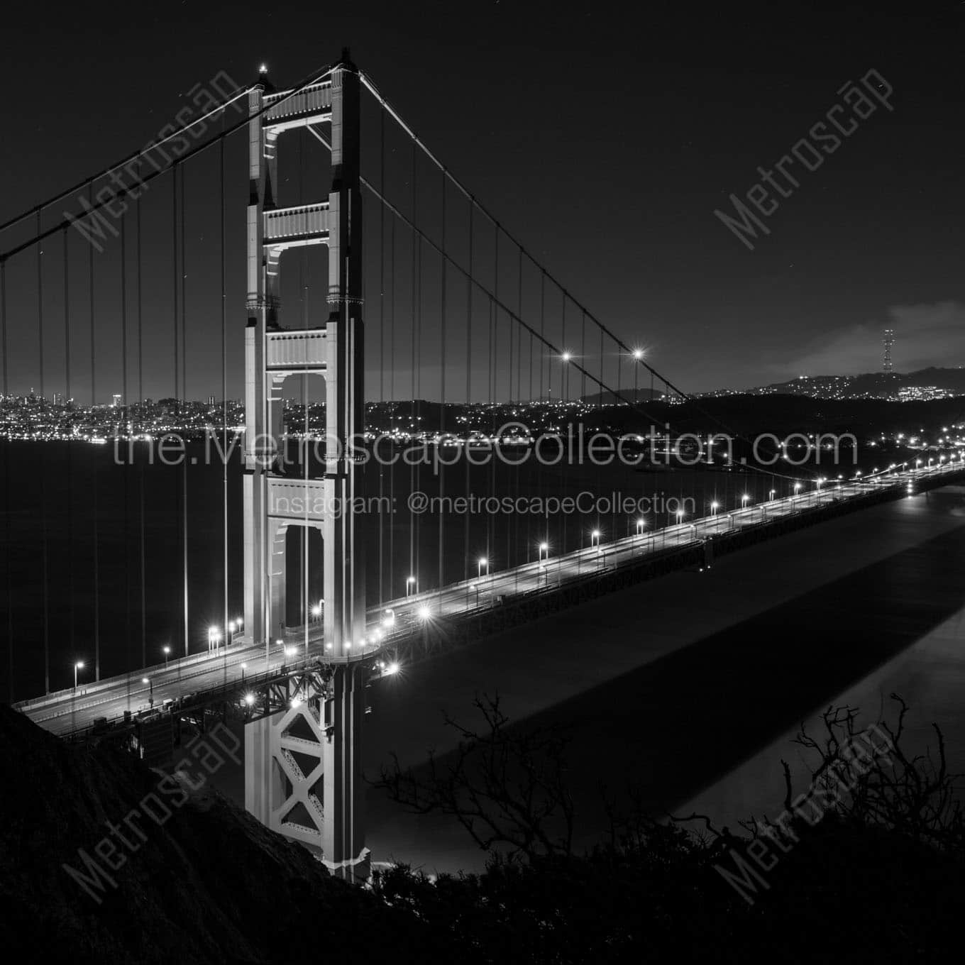 golden gate bridge night from marin headlands Black & White Wall Art