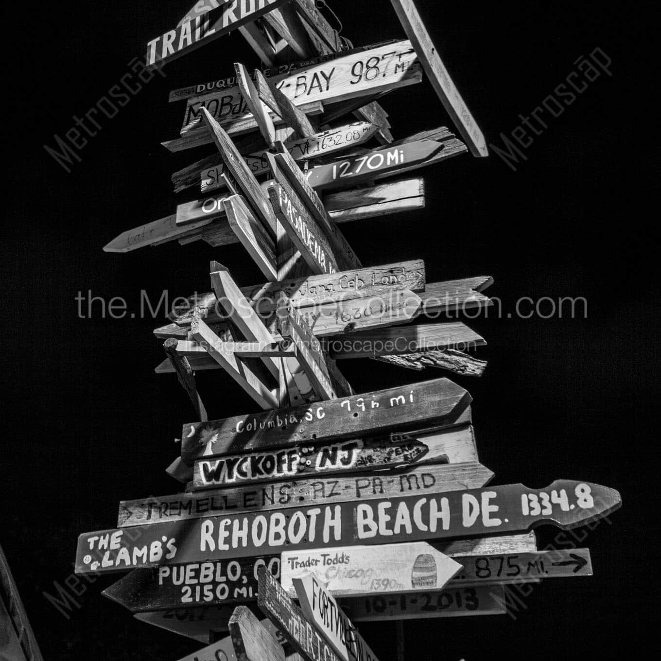 key west mileage sign post at night Black & White Wall Art