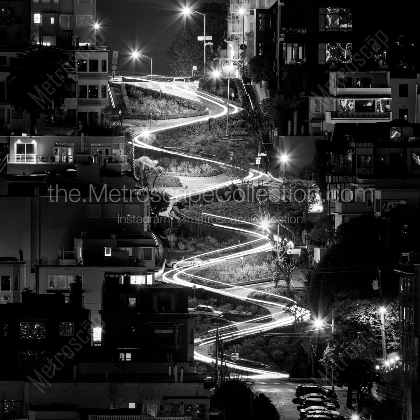 lombard street at night Black & White Wall Art
