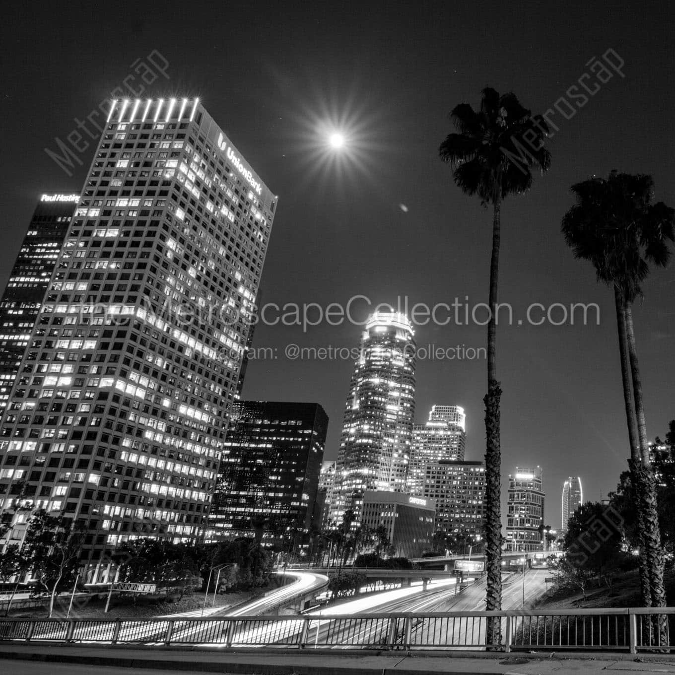 los angeles at night 4th street Black & White Wall Art