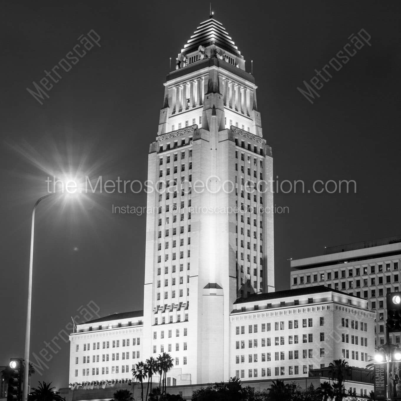 los angeles city hall at night Black & White Wall Art