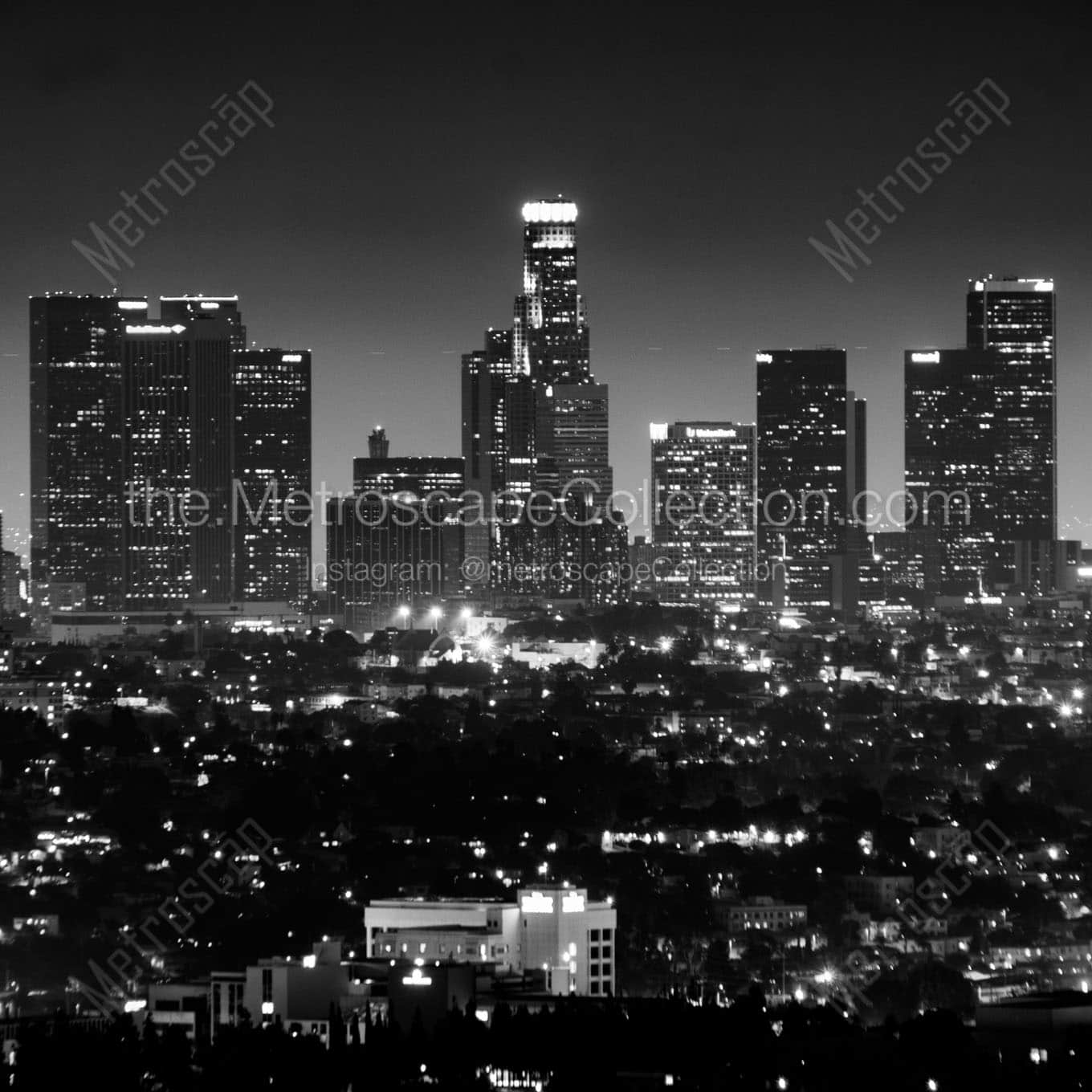 los angeles skyline from hollywood hills at night Black & White Wall Art