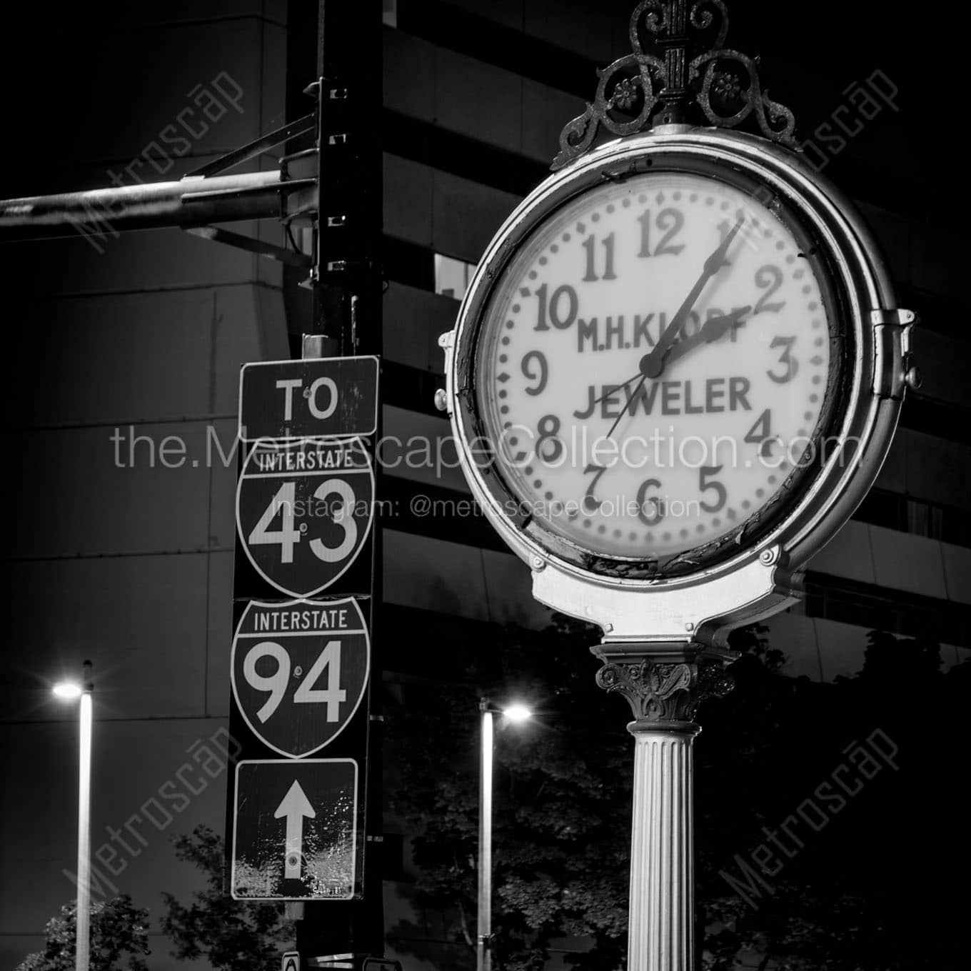 mh klopf clock downtown milwaukee Black & White Wall Art