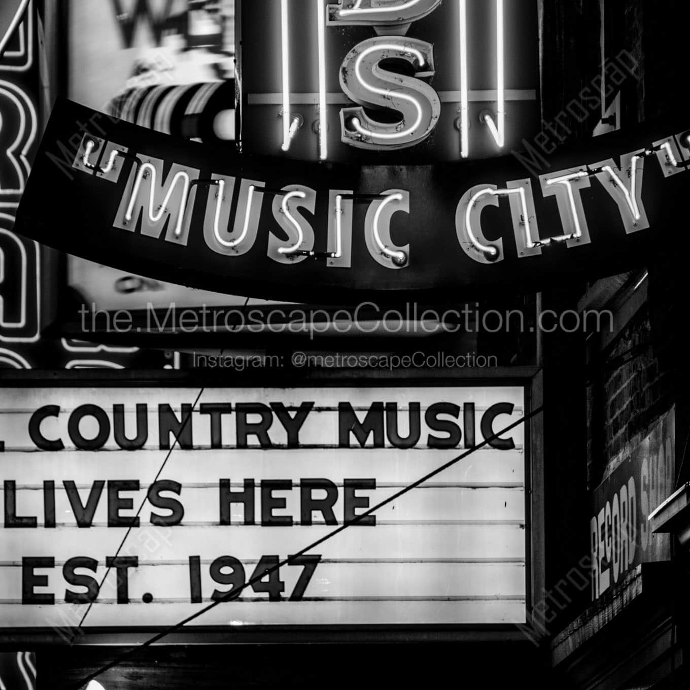 music city country music sign Black & White Wall Art