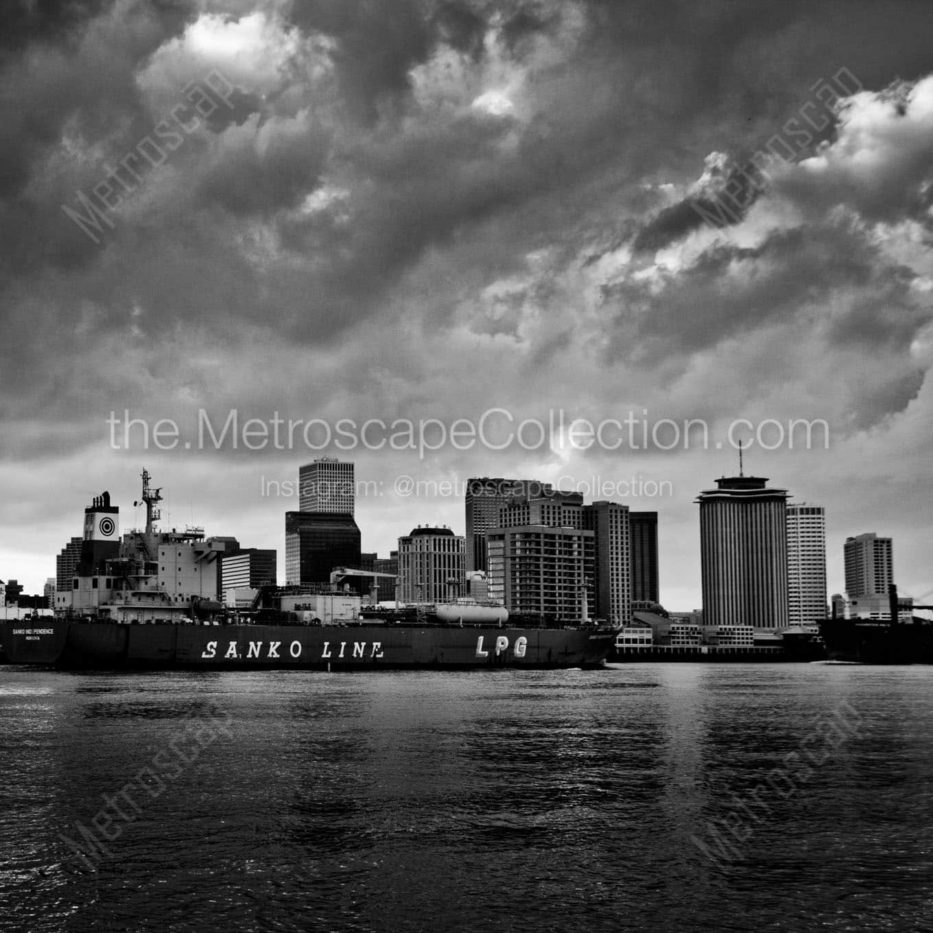 new orleans skyline mississippi river barge Black & White Wall Art