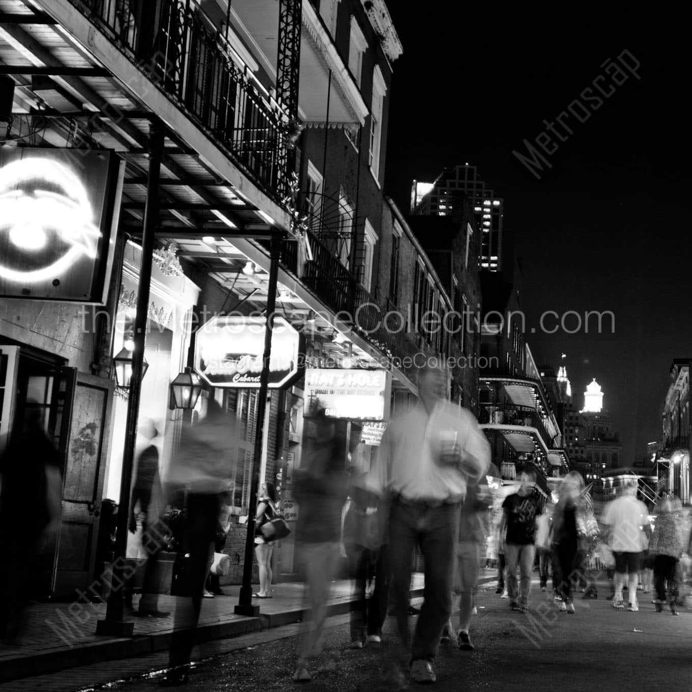 nola bourbon street at night Black & White Wall Art