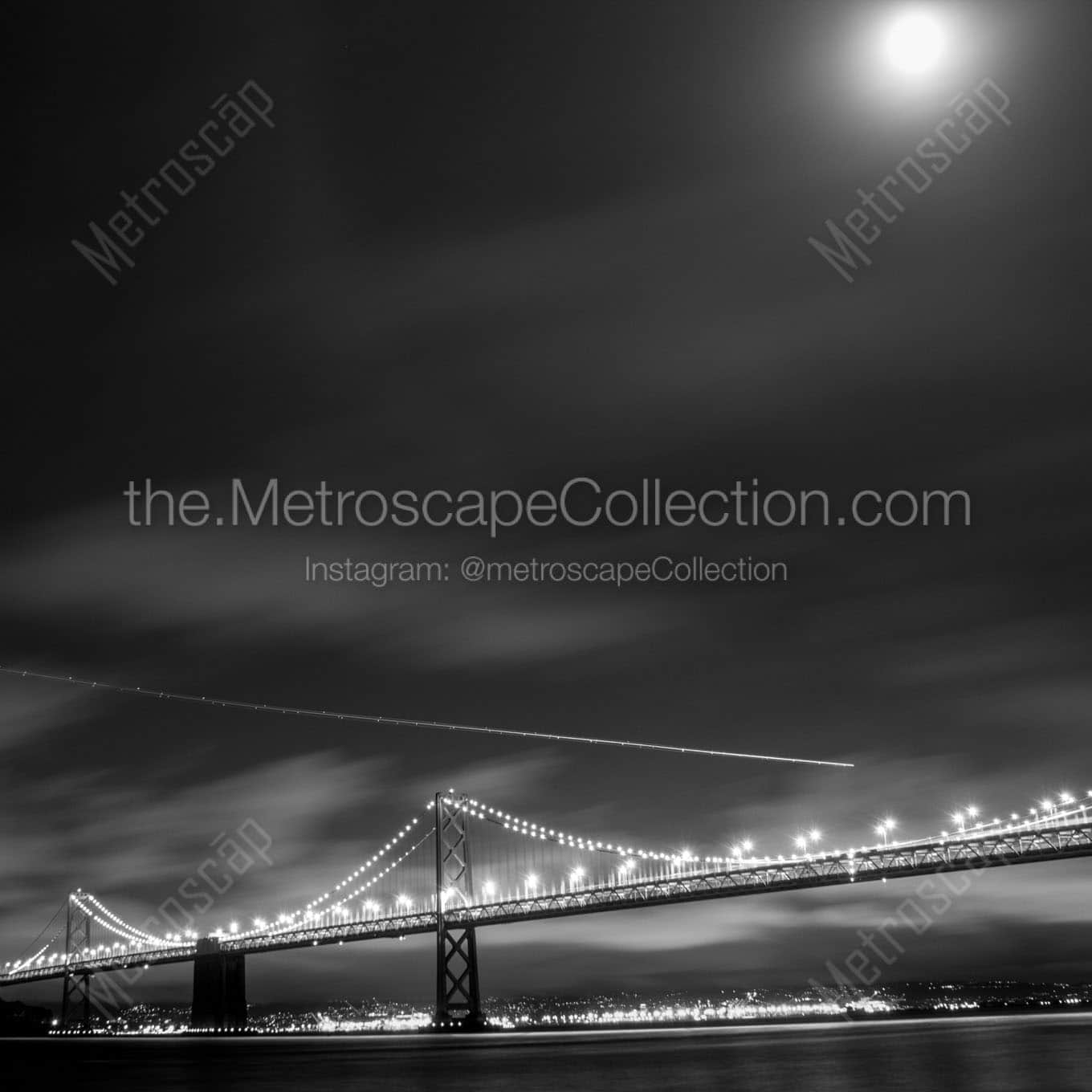 plane over bay bridge night full moon Black & White Wall Art