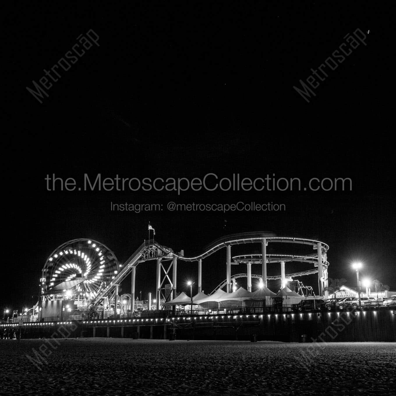 santa monica pier at night Black & White Wall Art