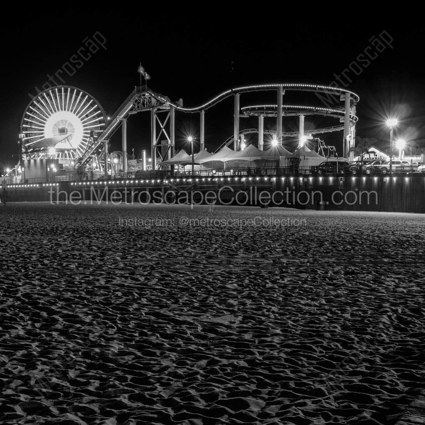 santa monica pier at night pacific park Black & White Wall Art