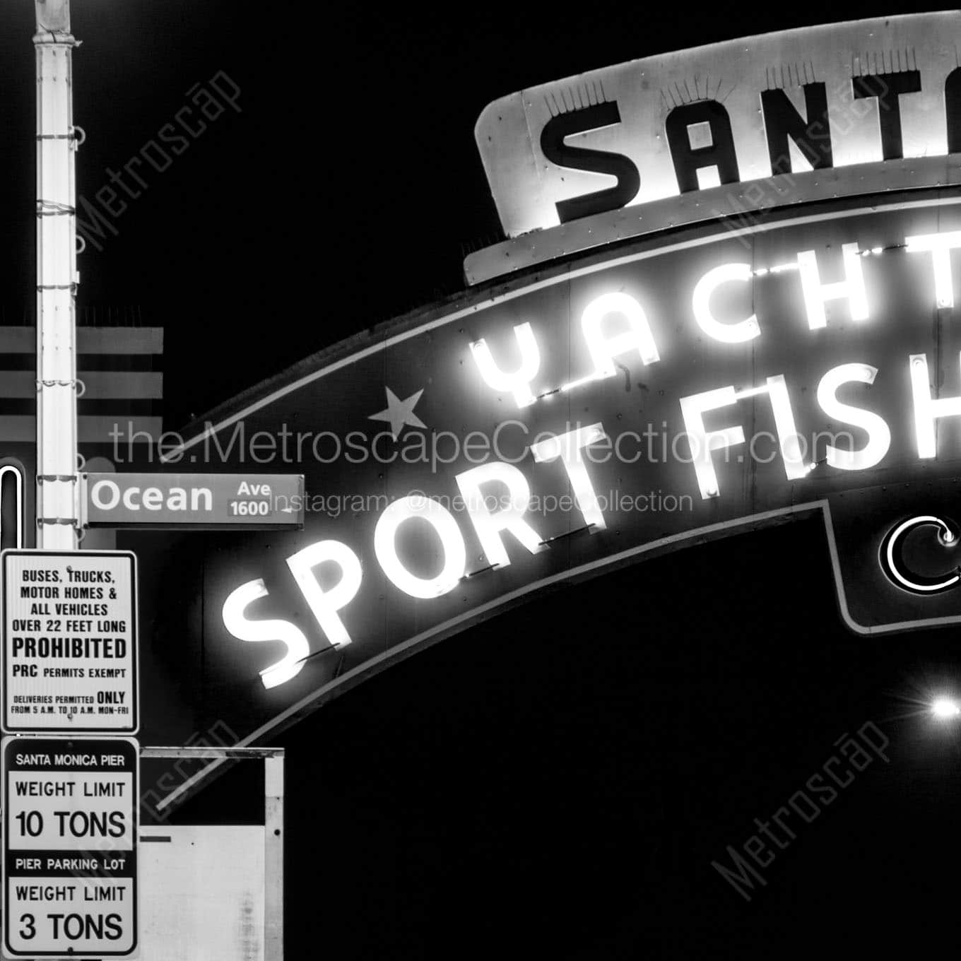 santa monica pier sign Black & White Wall Art