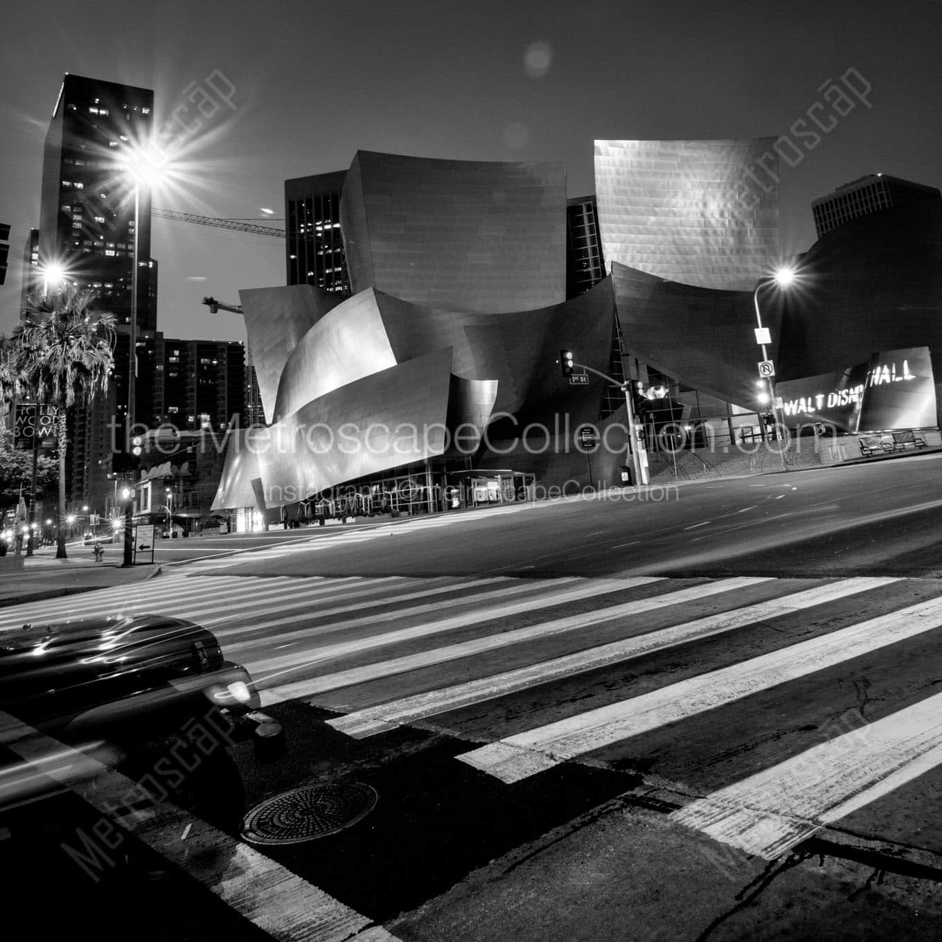 walt disney concert hall at night Black & White Wall Art